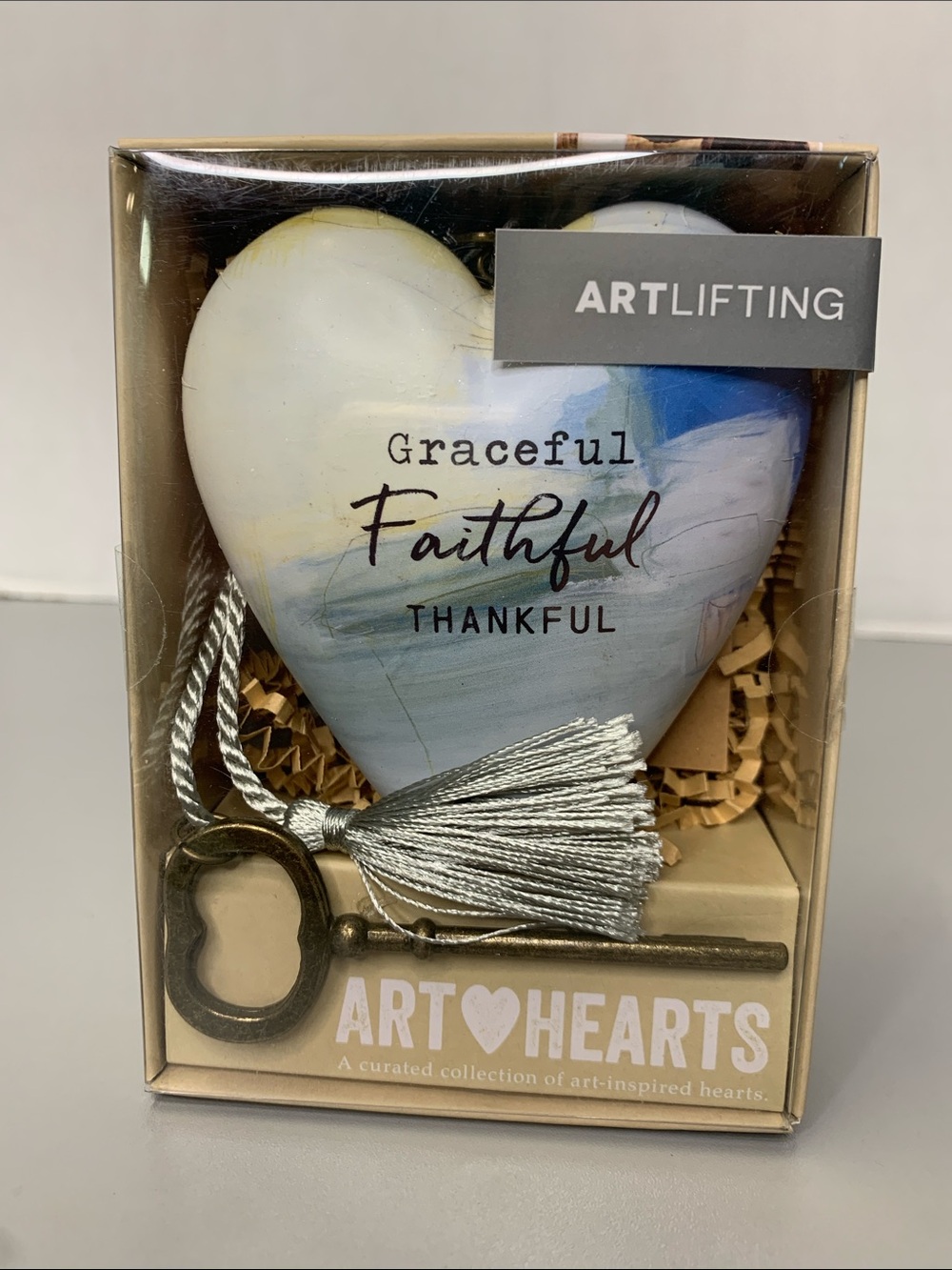 Demdaco Blue and Cream 'Graceful Faithful Thankful' Heart Accent